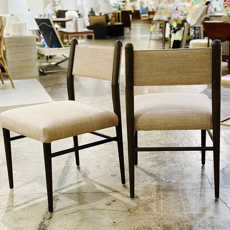 Solid oak sling back dining chair with performance fabric Solid oak sling back dining chair with performance fabric