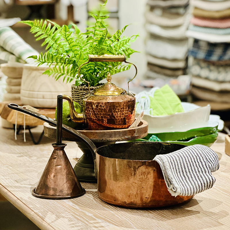 Antique copper pot, tea kettle and brewery ale funnel Antique copper pot, tea kettle and brewery ale funnel