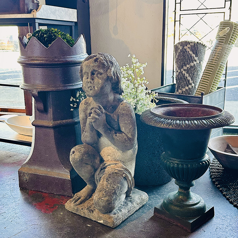 Antique English Chimney Pot, French Praying Cherub Garden Sculpture, Classic Garden Urns Antique English Chimney Pot, French Praying Cherub Garden Sculpture, Classic Garden Urns