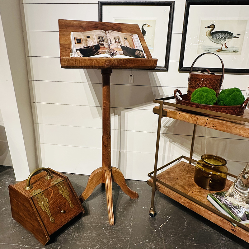 Antique Lectern and Oak Coal Bucket with Brass Accents Antique Lectern and Oak Coal Bucket with Brass Accents