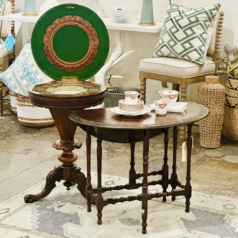 Antique Sewing Table, Gateleg Table, and porcelain tea set Antique Sewing Table, Gateleg Table, and porcelain tea set